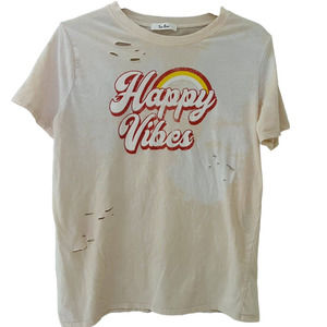 Happy Vibes Vintage Inspired Women's Upcycled Bleached Reworked T-Shirt - Large